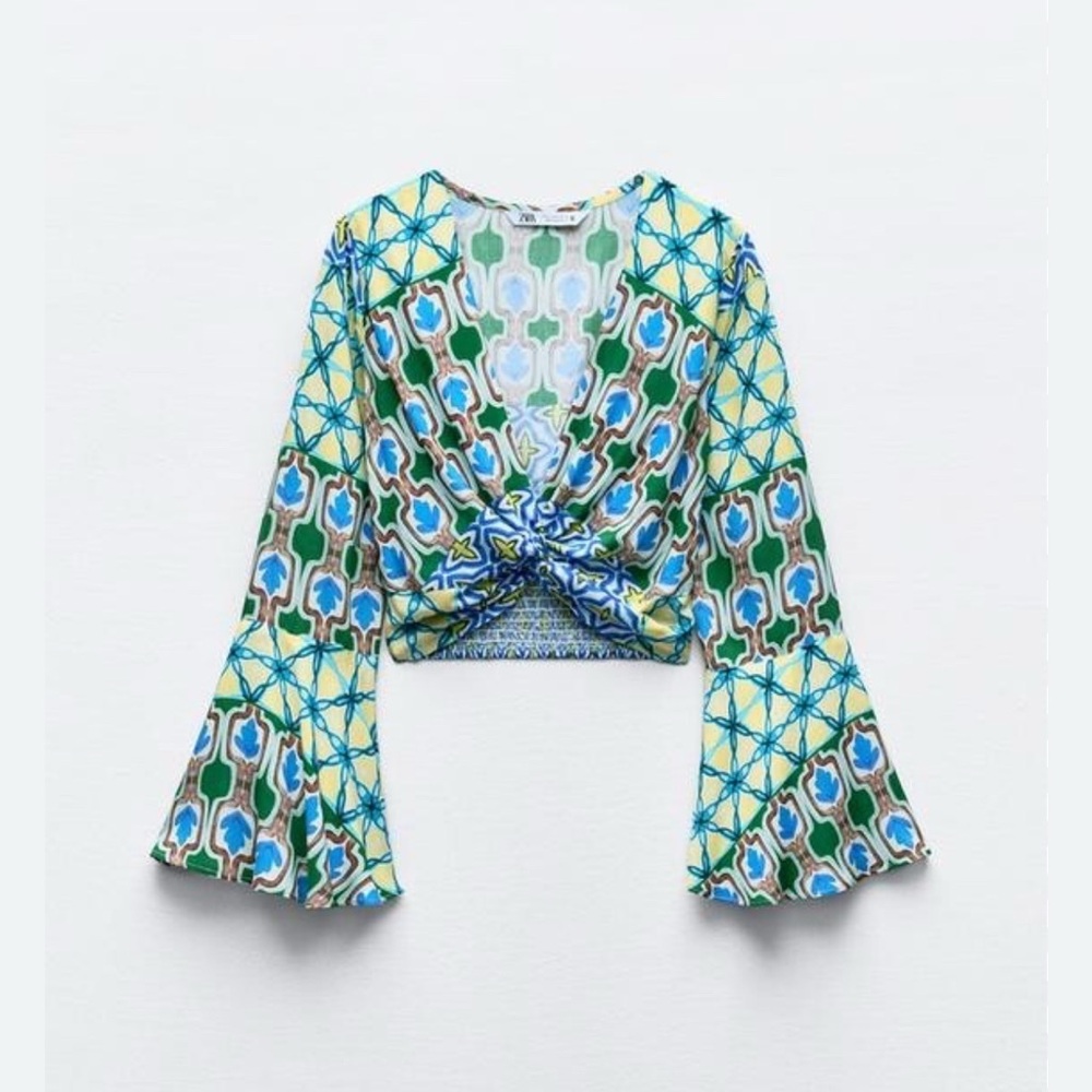 Zara Geometric Green and Blue Cropper Blouse
